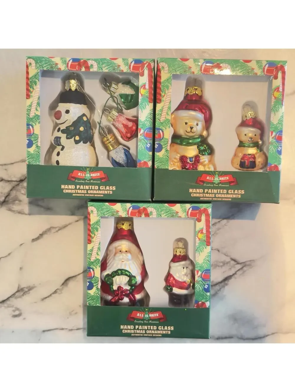Handpainted Mini Glass Ornaments ALL IS BRITE Santa Snowman Teddy Bear Vintage